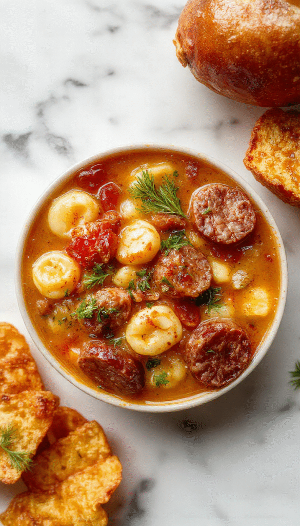 A vibrant bowl of autumn tortellini soup showcasing colorful tortellini pasta, slices of browned sausage, fresh herbs, and a rich broth, artfully plated with a rustic spoon on a wooden table, evoking warm fall comfort.