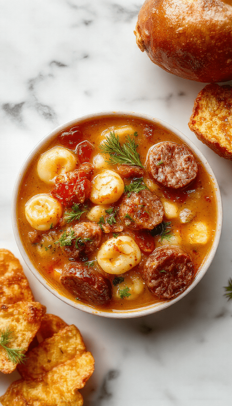 A vibrant bowl of autumn tortellini soup showcasing colorful tortellini pasta, slices of browned sausage, fresh herbs, and a rich broth, artfully plated with a rustic spoon on a wooden table, evoking warm fall comfort.