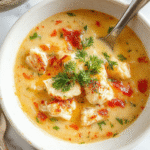 A warm bowl of Chicken Parmesan Soup topped with melted cheese, fresh basil, and crispy breaded chicken pieces, served in a rustic bowl on a wooden table with steam rising.