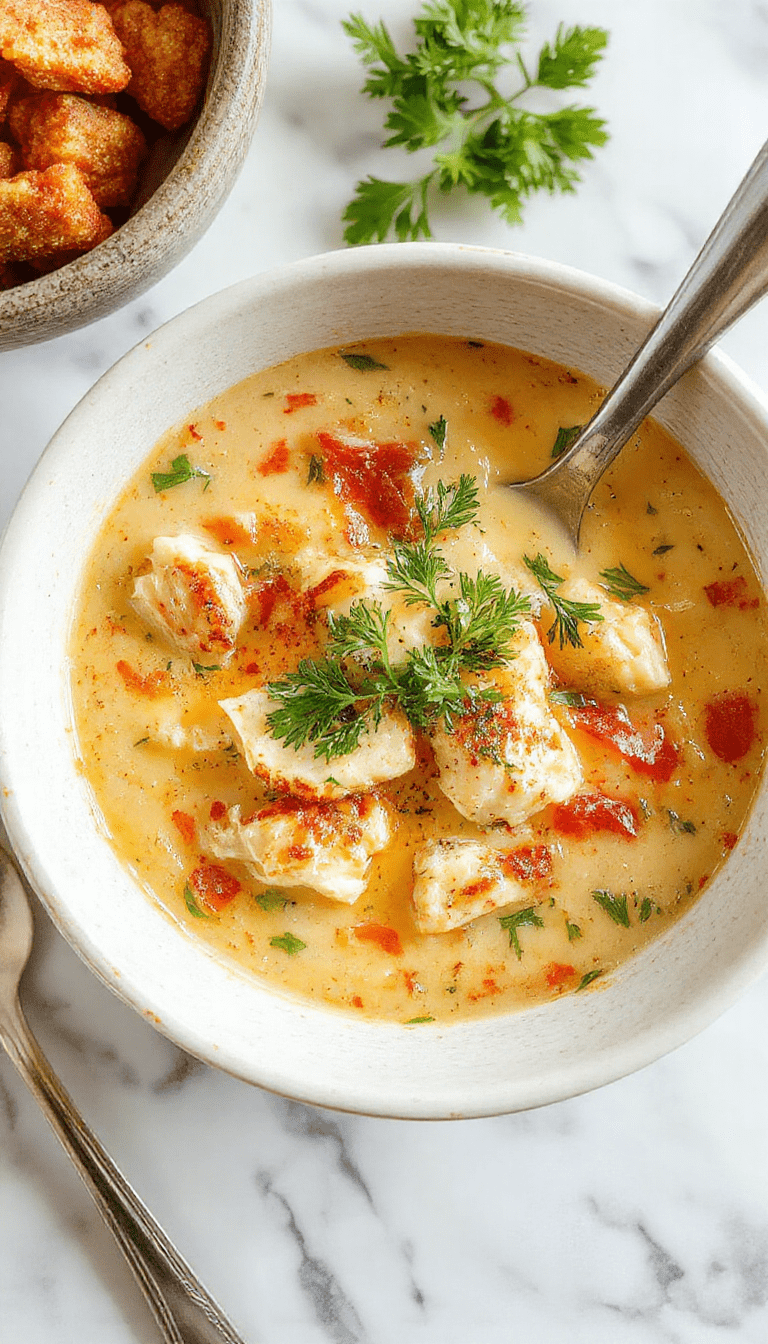 A warm bowl of Chicken Parmesan Soup topped with melted cheese, fresh basil, and crispy breaded chicken pieces, served in a rustic bowl on a wooden table with steam rising.