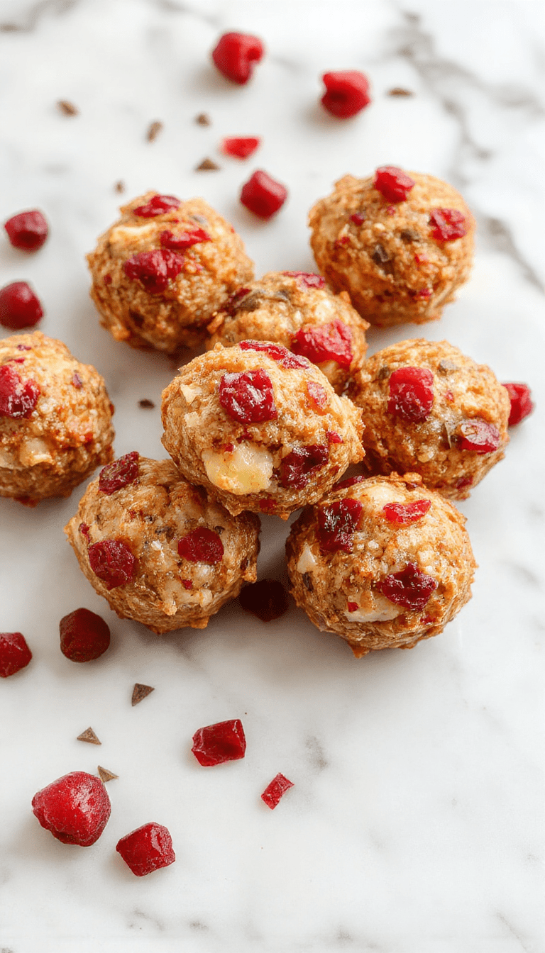 A close-up of golden brown stuffing balls with visible cranberries on a white plate, garnished with fresh herbs. The stuffing balls are perfectly round, textured with crispy edges, and sprinkled with parsley, with a vibrant red cranberry topping, set against a neutral background for a warm, inviting look.
