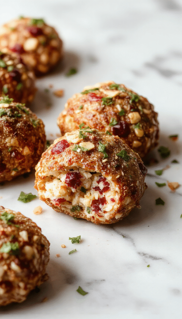 Close-up of golden brown cranberry turkey stuffing balls garnished with fresh herbs on a white plate, with a vibrant cranberry sauce drizzle and crispy edges, styled on a rustic wooden table