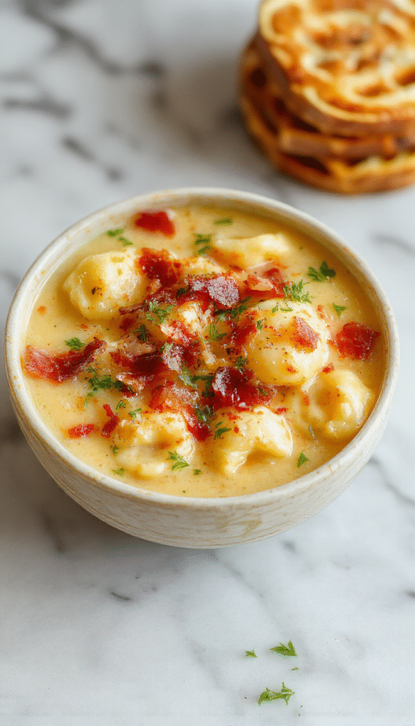 A cozy bowl of creamy bacon cheddar gnocchi soup garnished with fresh chopped parsley, showing tender gnocchi, crispy bacon pieces, melted cheddar cheese, and a rich, thick broth in a rustic white bowl on a wooden table with a linen napkin