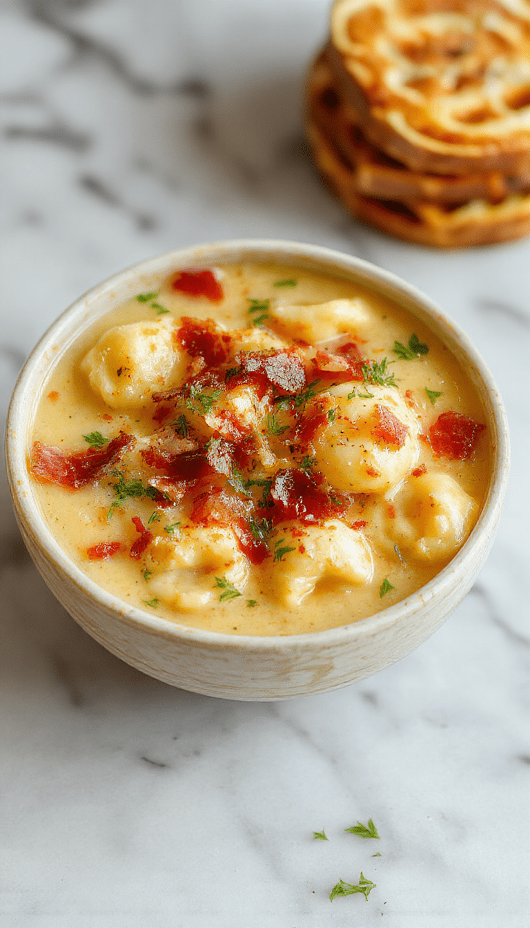 A cozy bowl of creamy bacon cheddar gnocchi soup garnished with fresh chopped parsley, showing tender gnocchi, crispy bacon pieces, melted cheddar cheese, and a rich, thick broth in a rustic white bowl on a wooden table with a linen napkin