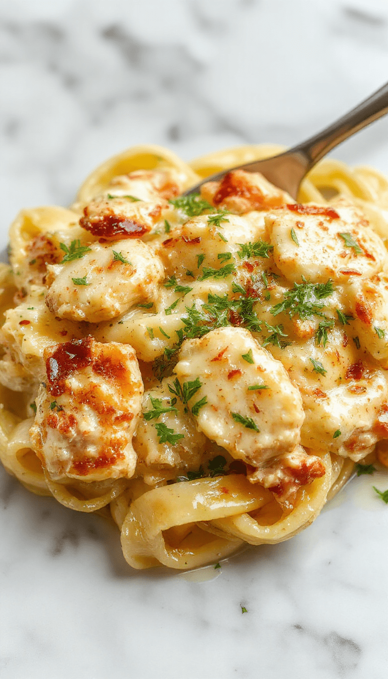 A vibrant plate of creamy Boursin chicken pasta garnished with fresh herbs, showcasing tender pasta coated in a rich, cheesy sauce with chunks of seasoned chicken, served on a white ceramic plate with a fork, set against a rustic wooden table with a sprig of parsley as decoration.
