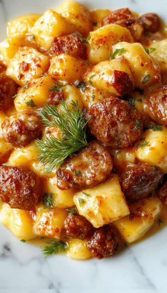 A close-up of creamy butternut squash gnocchi with browned sausage slices, garnished with fresh herbs on a rustic wooden plate, showcasing vibrant orange gnocchi texture and crispy sausage, styled with a drizzle of sauce and sprinkled cheese, all set against a cozy kitchen backdrop.