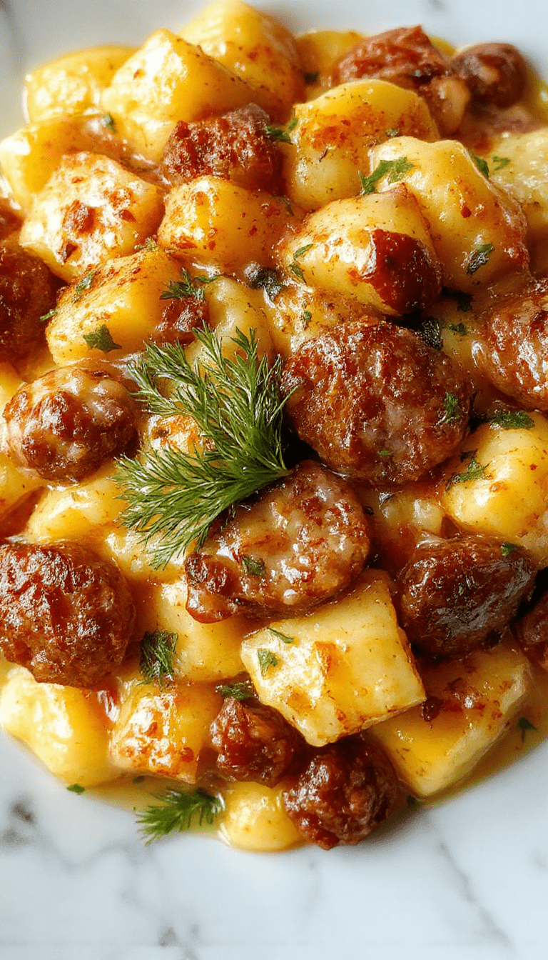 A close-up of creamy butternut squash gnocchi with browned sausage slices, garnished with fresh herbs on a rustic wooden plate, showcasing vibrant orange gnocchi texture and crispy sausage, styled with a drizzle of sauce and sprinkled cheese, all set against a cozy kitchen backdrop.