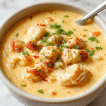 A bowl of creamy Cajun chicken soup garnished with fresh herbs, with chunks of tender chicken, vibrant orange carrots, green celery, and a thick, flavorful broth, styled in a rustic white bowl on a wooden surface.