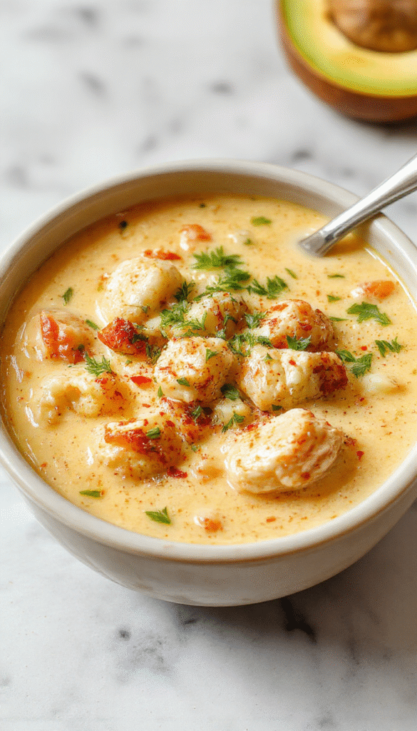 A bowl of creamy Cajun chicken soup garnished with fresh herbs, with chunks of tender chicken, vibrant orange carrots, green celery, and a thick, flavorful broth, styled in a rustic white bowl on a wooden surface.