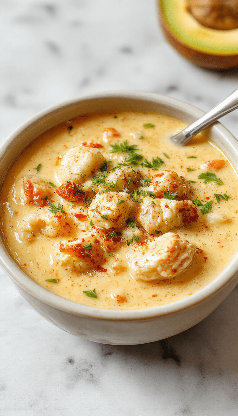 A bowl of creamy Cajun chicken soup garnished with fresh herbs, with chunks of tender chicken, vibrant orange carrots, green celery, and a thick, flavorful broth, styled in a rustic white bowl on a wooden surface.