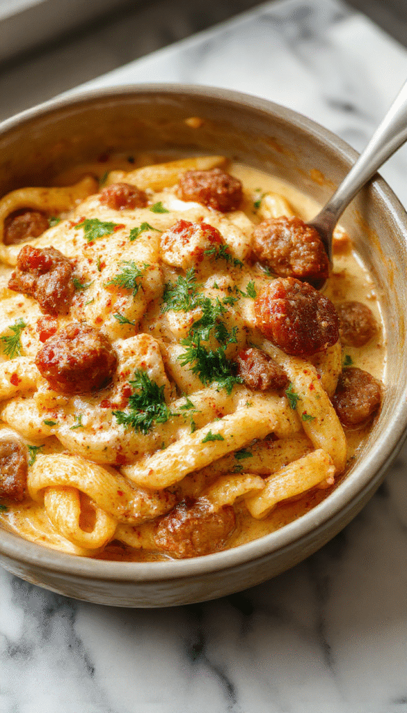 A vibrant plate of Creamy Cajun Sausage Pasta showcasing golden-brown sausage slices, crimson Cajun seasoning, and creamy sauce coated pasta, garnished with fresh herbs on a rustic wooden table