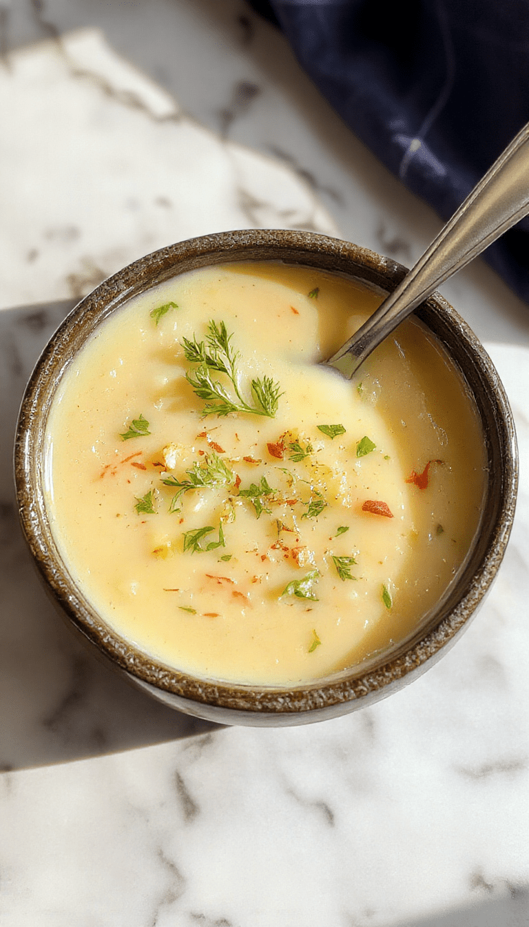 A bowl of creamy potato soup topped with melted cheddar cheese, fresh herbs, and crispy garlic croutons, served in a rustic bowl with a spoon on a wooden table, vibrant colors emphasizing the rich, cheesy texture and fresh garnishes.
