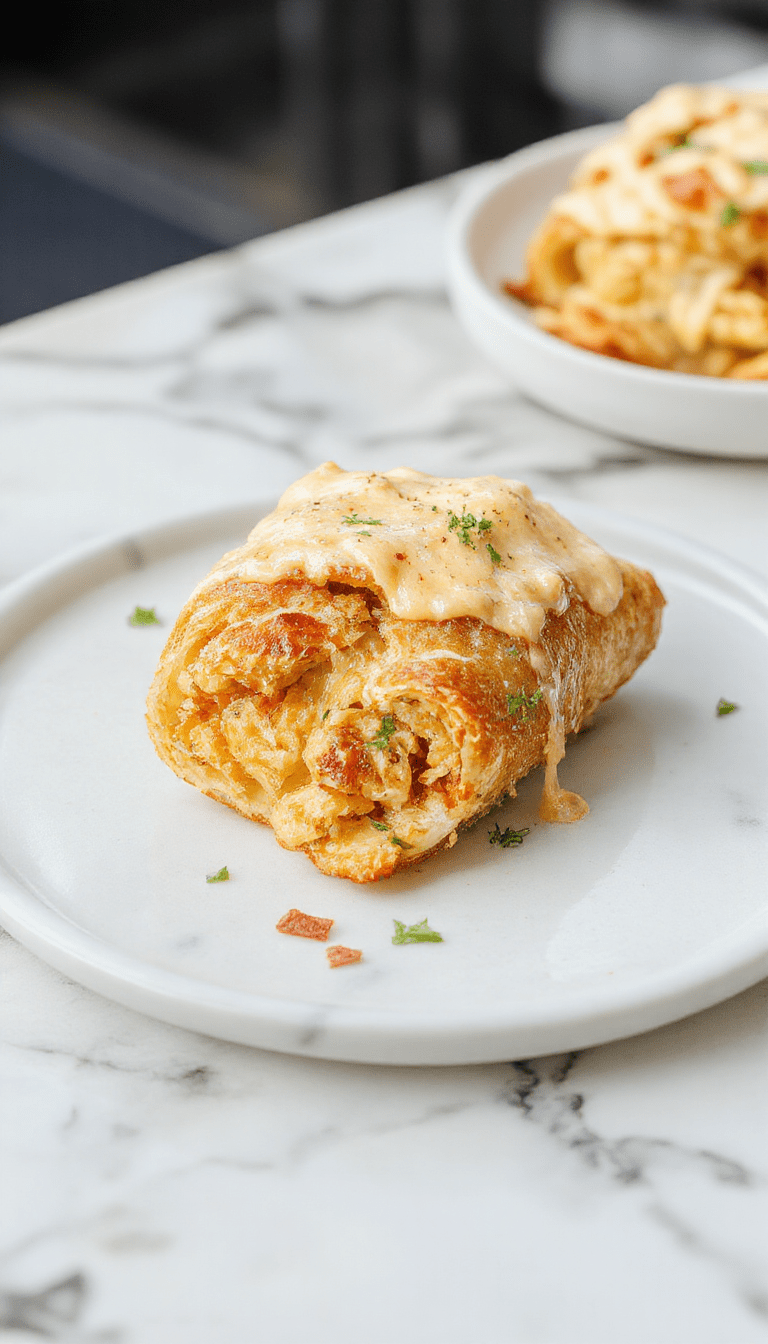 A golden-brown crescent roll filled with melted cheese and juicy chicken pieces, garnished with fresh herbs, served on a white plate with a textured wooden background.