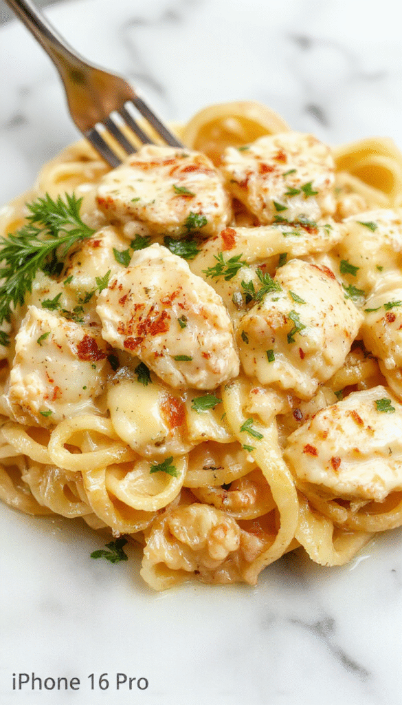 A close-up of a creamy chicken Alfredo pasta dish served on a white plate. The pasta is coated in a rich, velvety white sauce, topped with sliced grilled chicken pieces and garnished with freshly chopped parsley. The background features a rustic wooden table with a fork twirling some pasta, emphasizing the creamy texture and appetizing presentation.