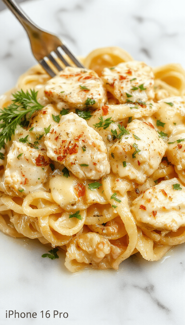 A close-up of a creamy chicken Alfredo pasta dish served on a white plate. The pasta is coated in a rich, velvety white sauce, topped with sliced grilled chicken pieces and garnished with freshly chopped parsley. The background features a rustic wooden table with a fork twirling some pasta, emphasizing the creamy texture and appetizing presentation.