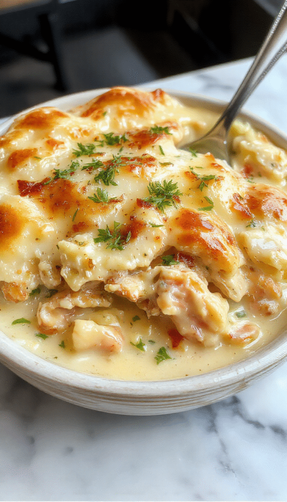 A vibrant plate of creamy chicken pot pie pasta garnished with fresh herbs. The pasta is coated in a rich sauce with chunks of tender chicken, decorated with a crispy golden crust topping and colorful vegetables on a rustic wooden table.