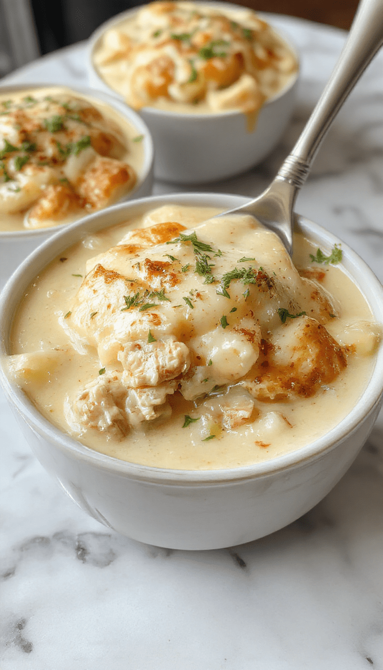 A steaming bowl of chicken pot pie soup garnished with chopped herbs and golden crust crumbles, served in a rustic bowl on a wooden table, with a spoon resting beside it, showcasing a creamy, hearty texture with chunks of chicken, vegetables, and a flaky topping.