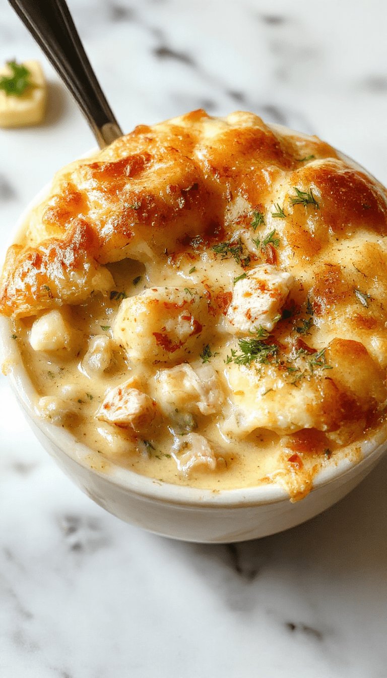 A warm bowl of creamy chicken pot pie soup topped with golden brown crust crumbles and fresh herbs, served in a rustic white bowl with a spoon on a wooden table