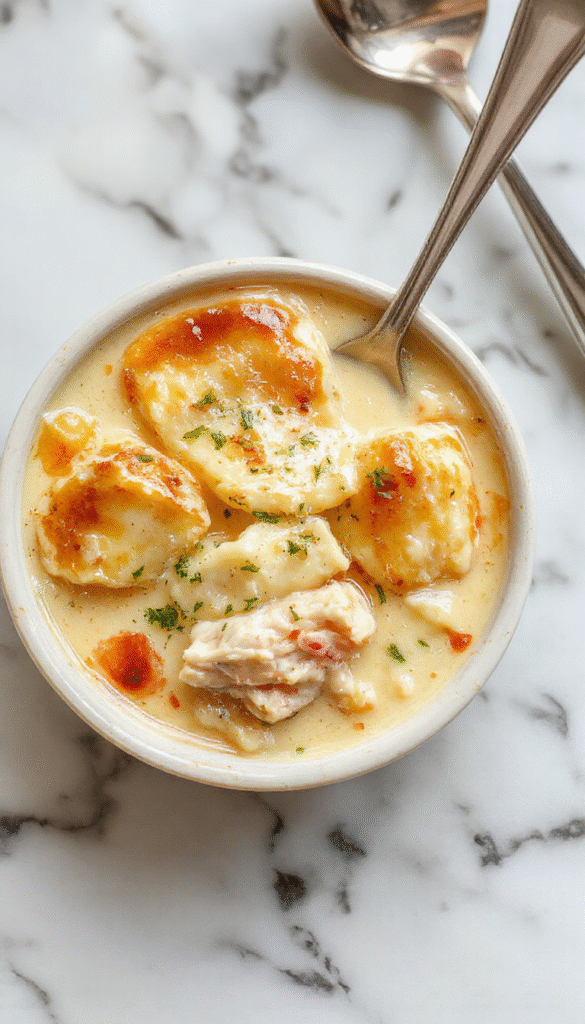 A steaming bowl of chicken pot pie soup with chunks of tender chicken, diced vegetables, and a golden flaky crust topping, garnished with fresh herbs on a rustic wooden table