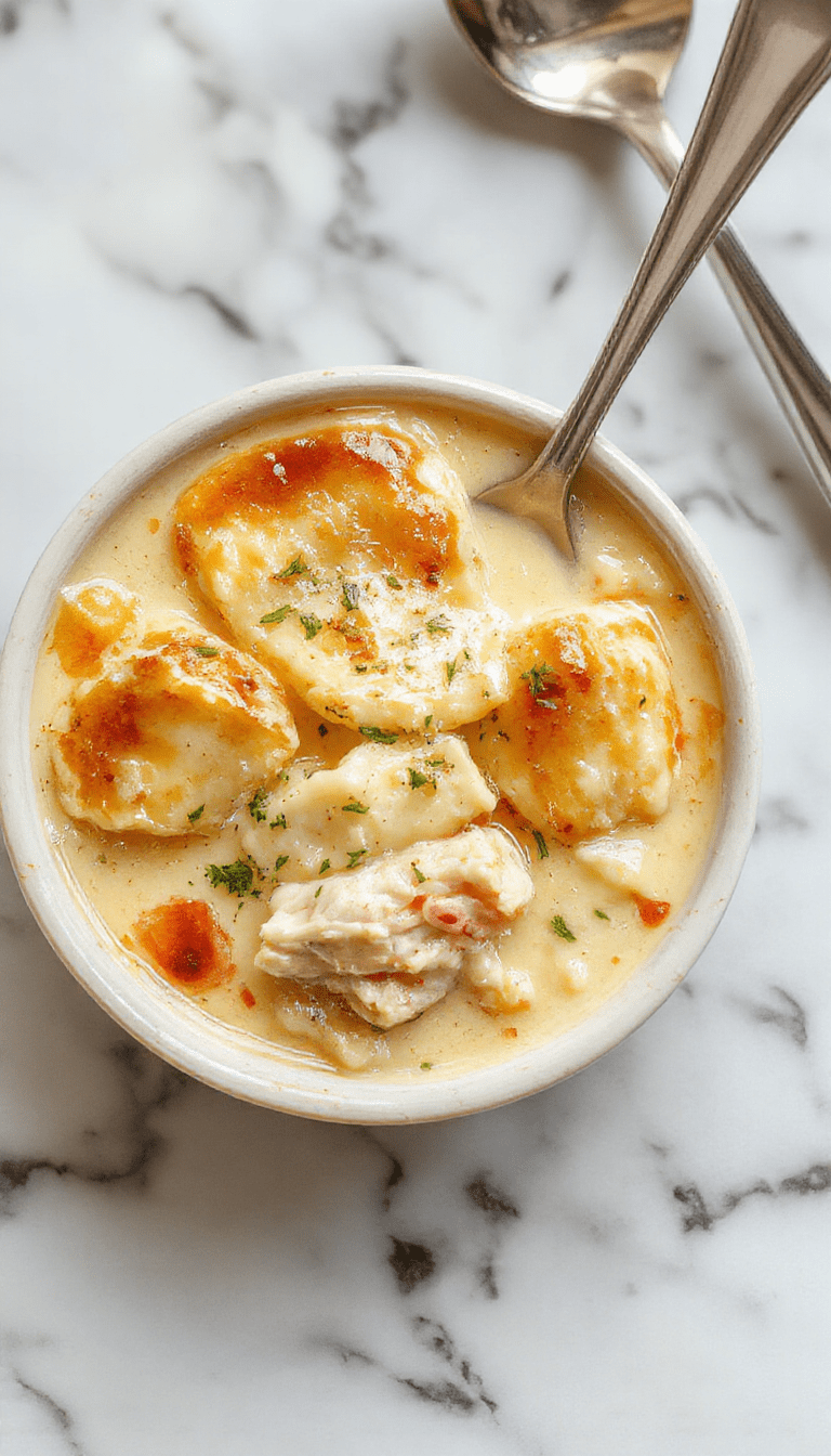 A steaming bowl of chicken pot pie soup with chunks of tender chicken, diced vegetables, and a golden flaky crust topping, garnished with fresh herbs on a rustic wooden table