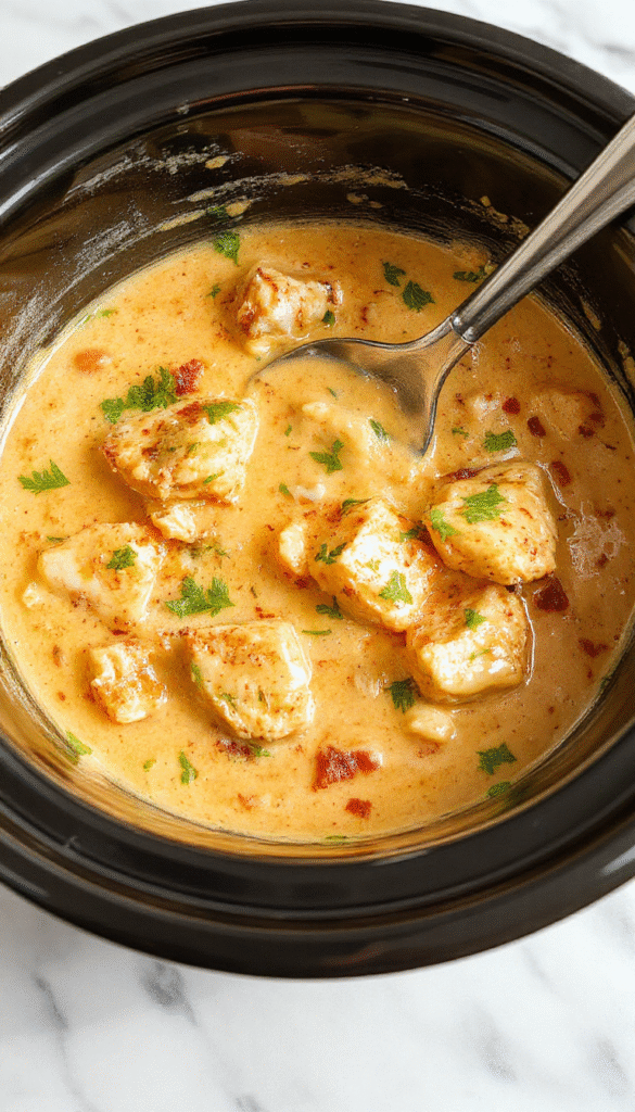 A vibrant dish featuring tender chicken pieces coated in a rich, creamy coconut sauce garnished with fresh cilantro. The curry is served in a shallow white bowl, surrounded by scattered spices and fresh herbs, with a rustic wooden table background and warm natural lighting highlighting its luscious texture and colorful presentation.