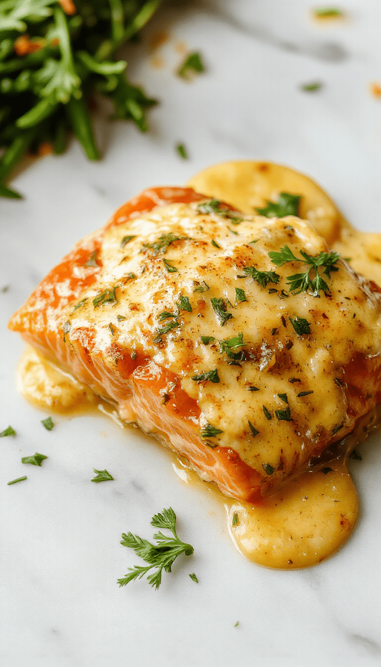 A vibrant plate featuring a fillet of salmon coated in a rich, creamy coconut curry sauce, garnished with chopped garlic and fresh herbs on a white plate with colorful vegetables in the background.