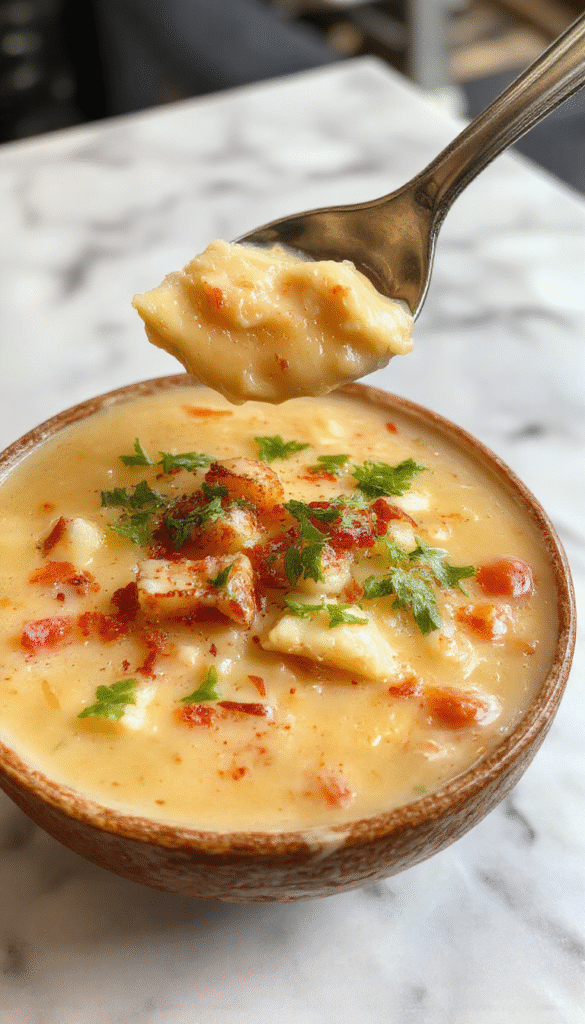 A steaming bowl of creamy cowboy soup garnished with chopped herbs and shredded cheese, served on a rustic wooden table with fresh ingredients around, showcasing a thick, velvety texture and hearty toppings, styled for a cozy comfort meal.