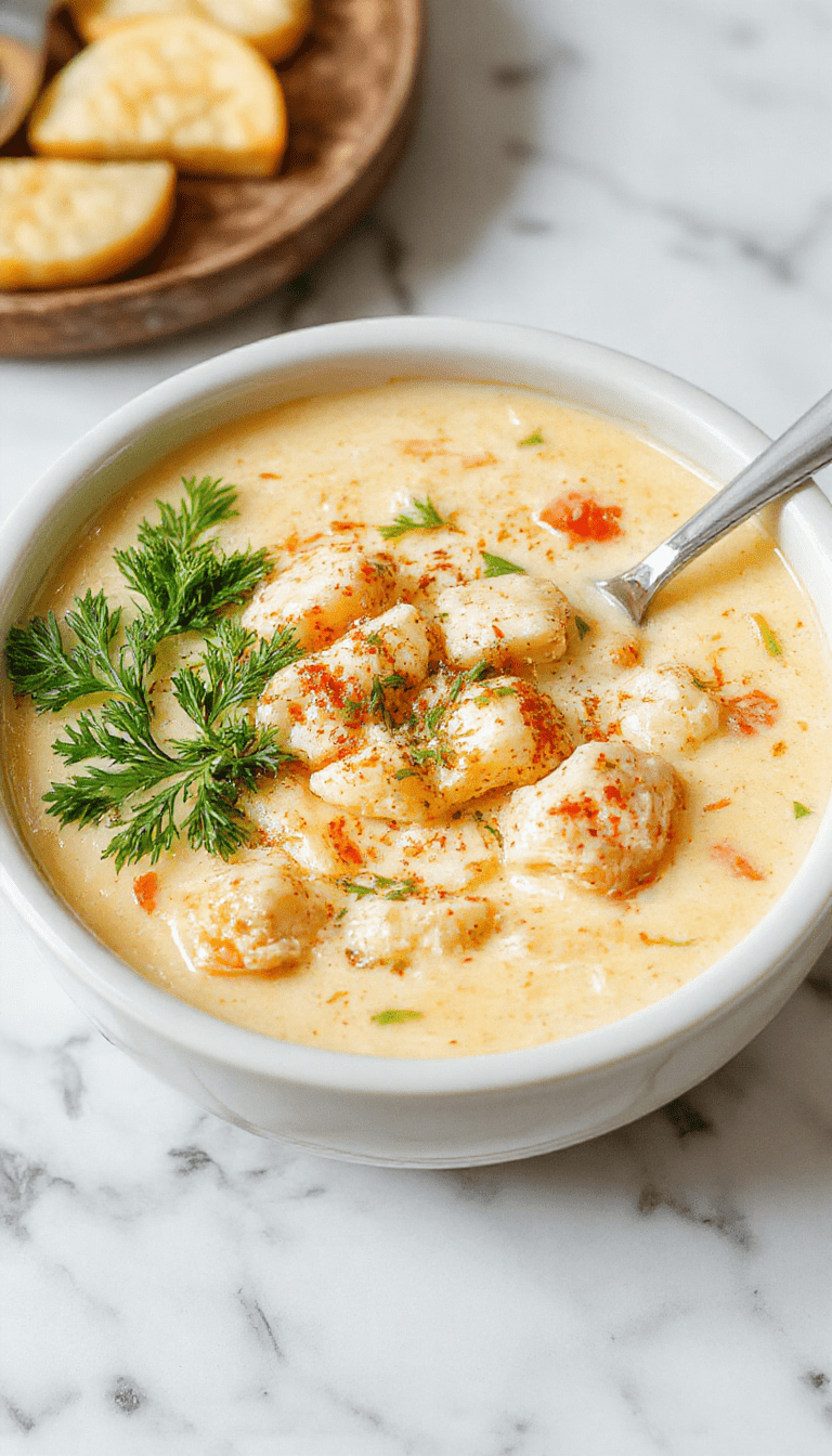 A vibrant bowl of chicken parmesan soup garnished with melted mozzarella cheese, fresh basil, and crispy bread crumbs. The rich tomato broth contrasts with the golden chicken pieces and green herbs, served on a rustic wooden table with a spoon and a side of toasted bread.