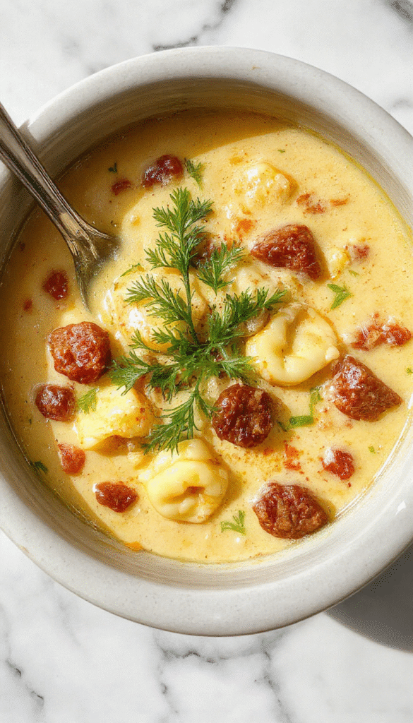 A vibrant bowl of creamy tortellini soup with sausage topped with fresh herbs. The soup is rich orange and cream-colored, with visible tortellini, sausage slices, and green herbs, served in a rustic bowl on a wooden table with a spoon and garnished with chopped parsley.