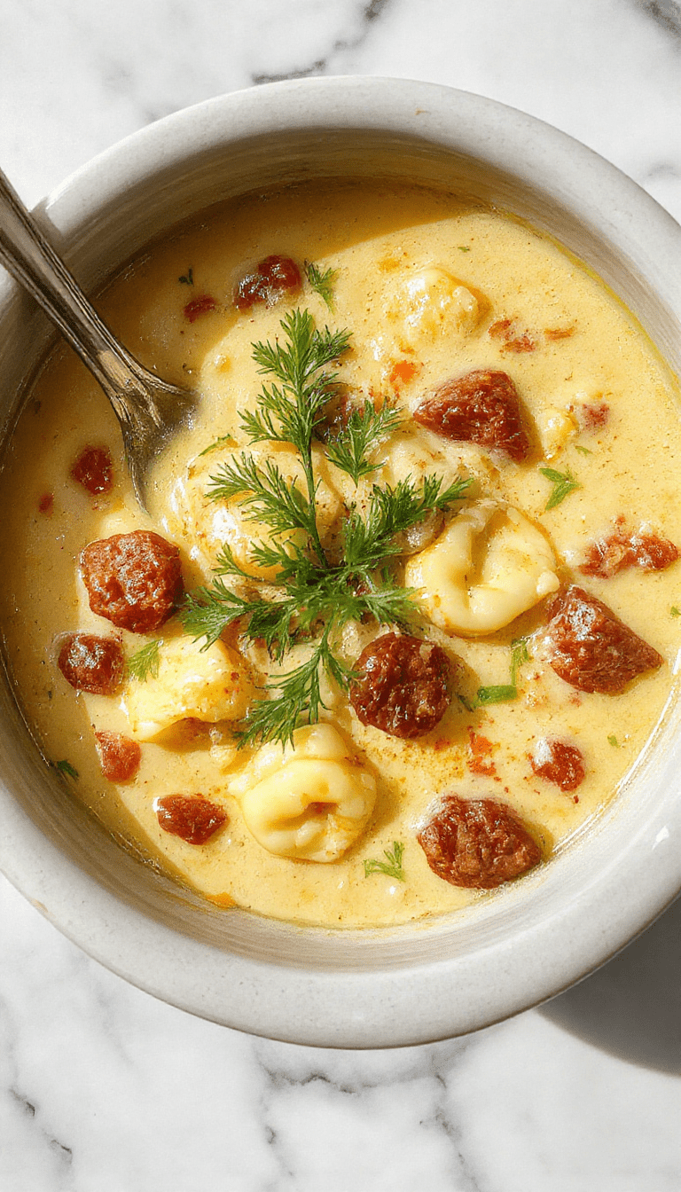 A vibrant bowl of creamy tortellini soup with sausage topped with fresh herbs. The soup is rich orange and cream-colored, with visible tortellini, sausage slices, and green herbs, served in a rustic bowl on a wooden table with a spoon and garnished with chopped parsley.