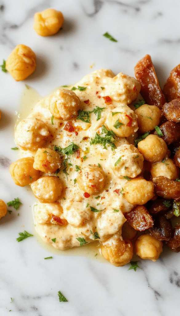 A vibrant plate of creamy Indian butter chickpeas featuring golden chickpeas coated in a rich, glossy butter sauce garnished with fresh cilantro, served on a rustic white plate with side naan bread, surrounded by fresh spices and herbs, set against a warm, inviting background.