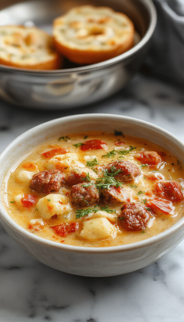 A vibrant bowl of creamy Italian sausage gnocchi soup featuring golden-brown sausage slices, soft gnocchi, fresh herbs, and a rich, velvety broth garnished with grated cheese and parsley, styled in a rustic, cozy setting with warm lighting.
