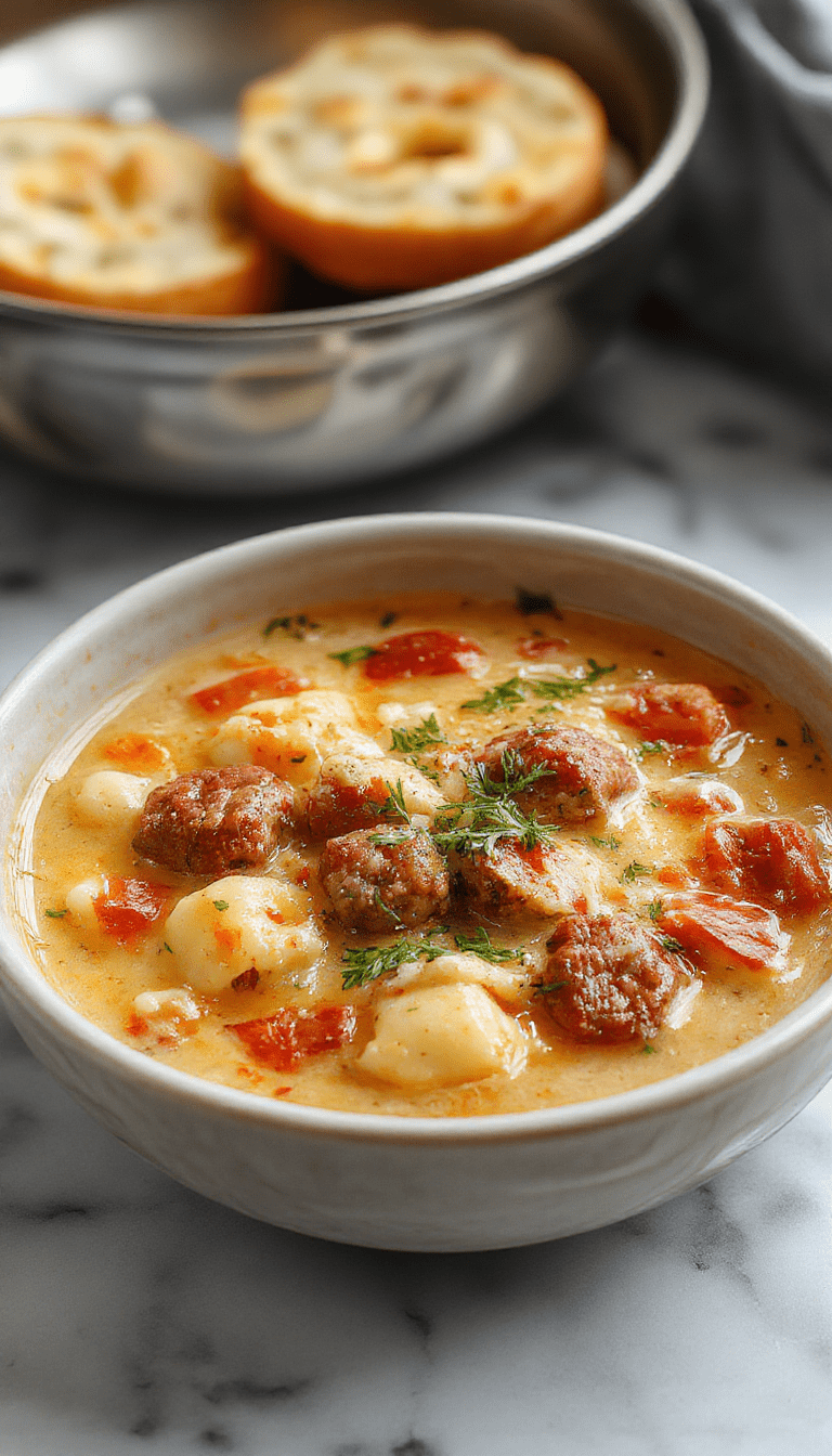 A vibrant bowl of creamy Italian sausage gnocchi soup featuring golden-brown sausage slices, soft gnocchi, fresh herbs, and a rich, velvety broth garnished with grated cheese and parsley, styled in a rustic, cozy setting with warm lighting.