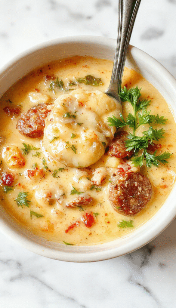A steaming bowl of creamy Italian sausage soup garnished with fresh parsley and grated Parmesan cheese, featuring chunks of sausage and vibrant green herbs, served in a rustic white bowl with a textured background.