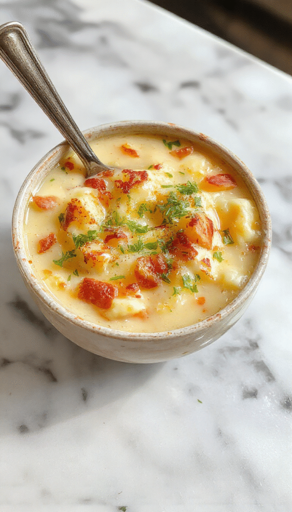A steaming bowl of creamy loaded baked potato soup topped with shredded cheese, green onions, crispy bacon bits, and a dollop of sour cream, served in a rustic bowl on a wooden table with a spoon and fresh herbs