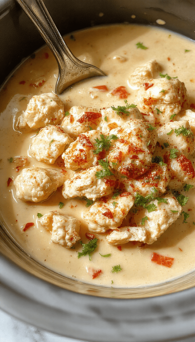 A close-up of a creamy chicken dish in a white bowl, topped with herbs and served with a side of fresh vegetables, showcasing a rich, smooth texture and appetizing presentation.