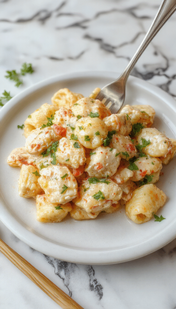 A close-up of a rich, creamy chicken pasta dish served on a white plate. The pasta is coated in a luscious sauce with pieces of tender chicken, garnished with fresh herbs. The dish is styled simply on a rustic wooden table with vibrant hints of green herbs adding freshness.