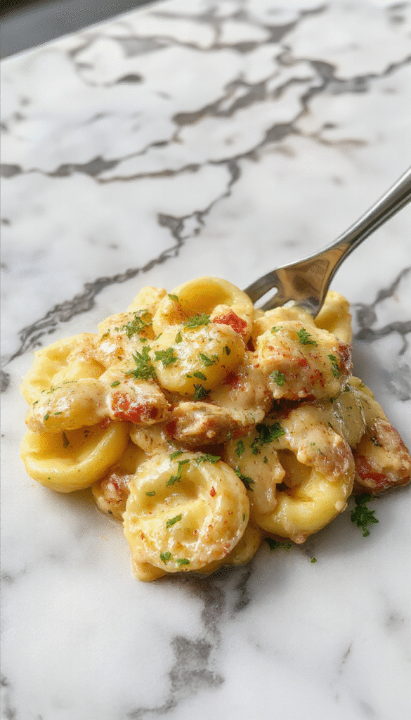 A vibrant plate of creamy chicken tortellini garnished with fresh herbs, showcasing golden cheese-filled tortellini coated in a rich, creamy sauce on a white plate with a rustic wooden background.