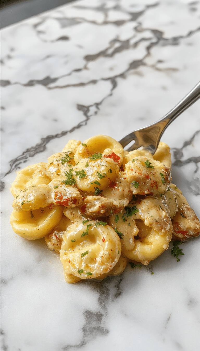A vibrant plate of creamy chicken tortellini garnished with fresh herbs, showcasing golden cheese-filled tortellini coated in a rich, creamy sauce on a white plate with a rustic wooden background.
