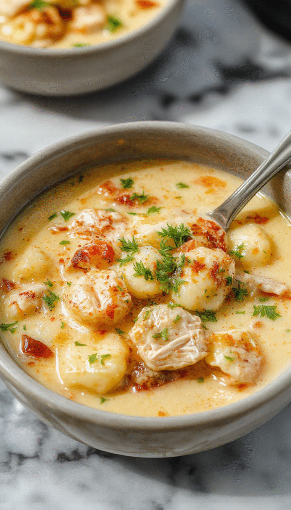 A warm bowl of creamy chicken gnocchi soup garnished with fresh herbs, featuring tender gnocchi, shredded chicken, and bright vegetables, served on a rustic wooden table with a spoon resting beside it.