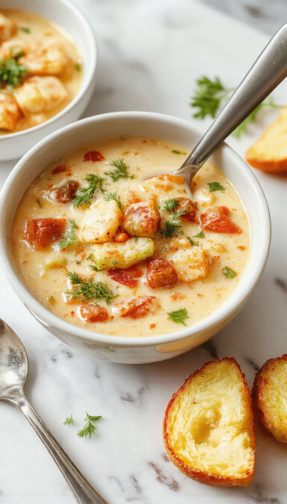 A vibrant bowl of creamy vegetable soup with colorful chopped vegetables, swirled with cream, garnished with fresh herbs, served in a rustic white bowl on a wooden table with a spoon and a linen napkin