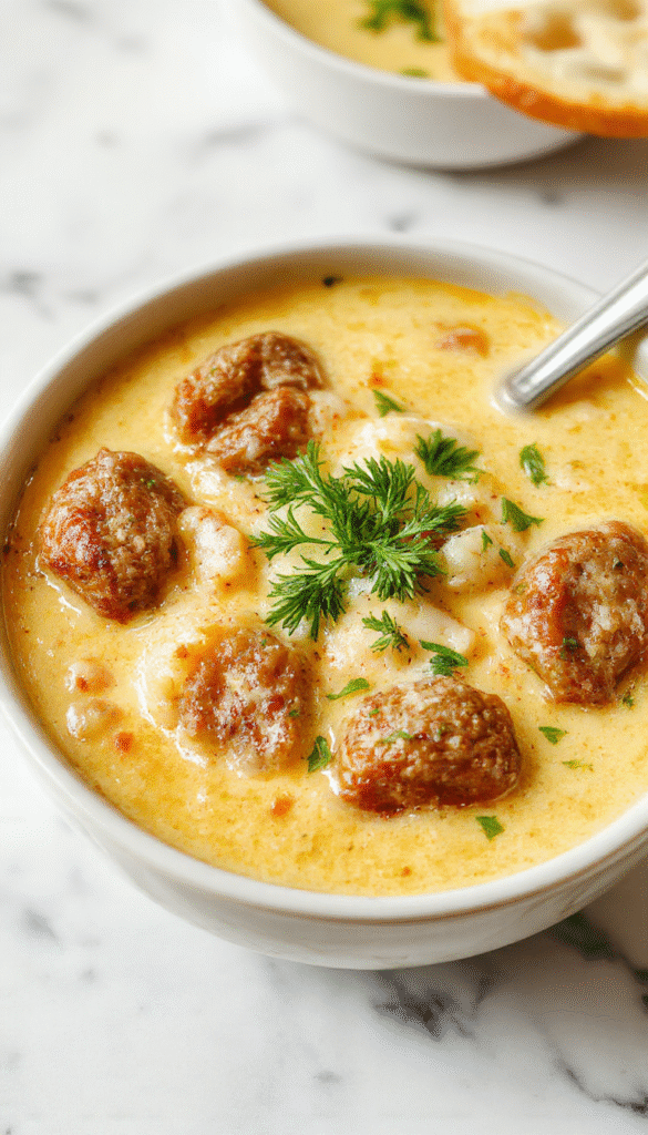 A bowl of hearty Italian sausage soup topped with shredded parmesan cheese and fresh herbs, with chunks of sausage, vibrant vegetables, and a rich broth against a rustic wooden table.