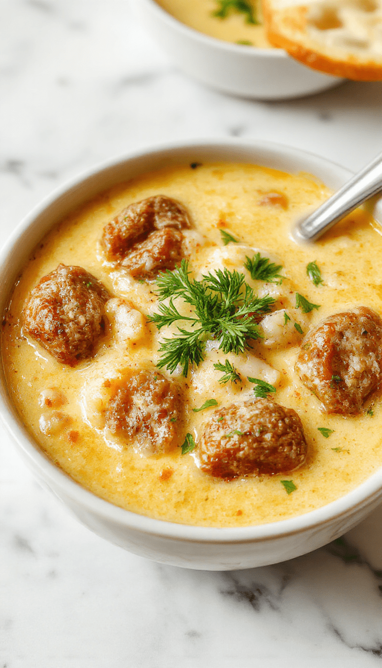 A bowl of hearty Italian sausage soup topped with shredded parmesan cheese and fresh herbs, with chunks of sausage, vibrant vegetables, and a rich broth against a rustic wooden table.
