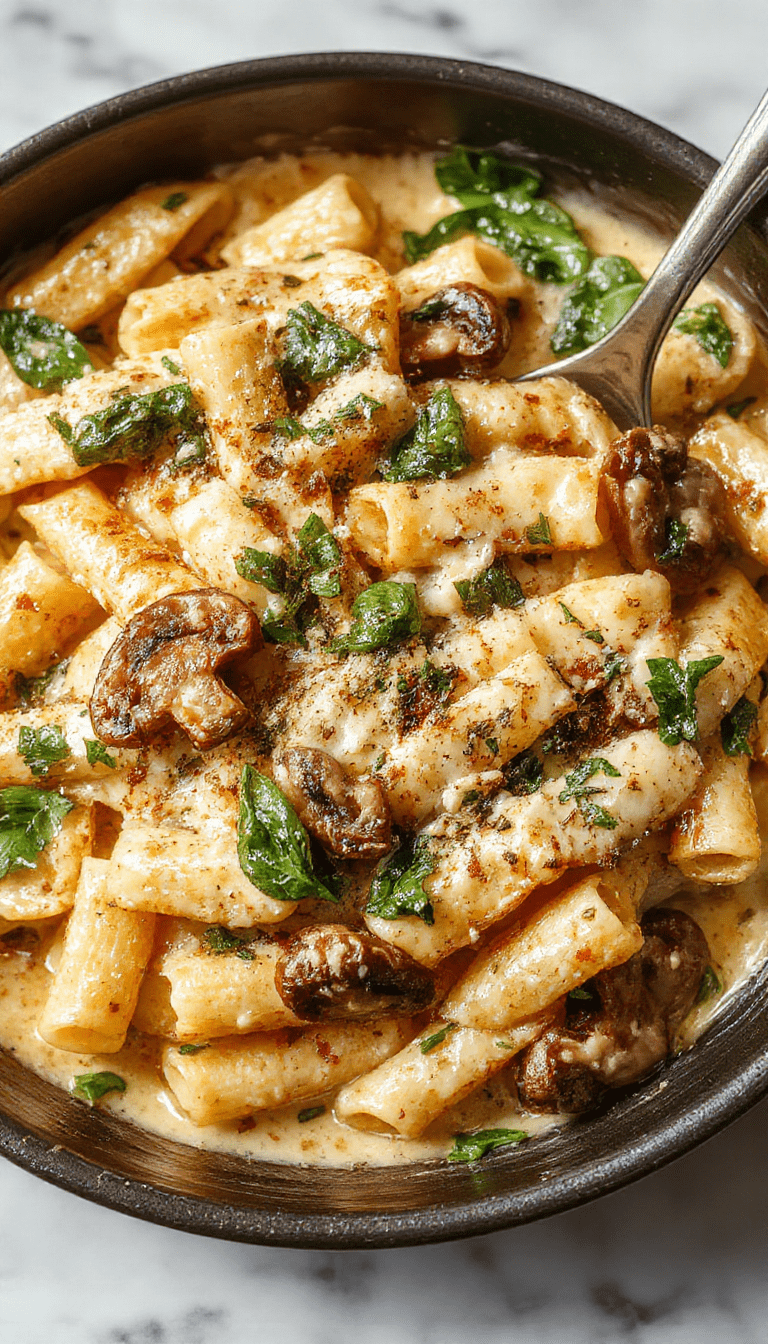 A vibrant skillet filled with creamy pasta topped with fresh spinach, sautéed mushrooms, and grated parmesan cheese. The dish is colorful with green spinach leaves, brown mushroom slices, and golden pasta, garnished with a sprinkle of parmesan, styled on a rustic wooden surface with a cheerful, inviting atmosphere.