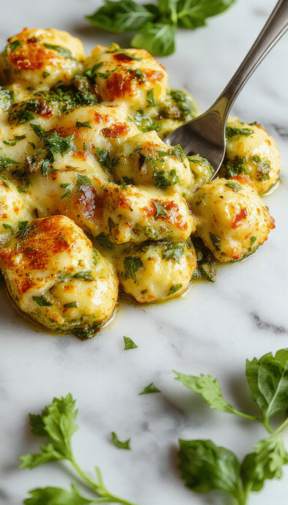 A vibrant dish featuring golden baked gnocchi topped with fresh green spinach, drizzled with creamy pesto sauce, garnished with basil leaves and grated cheese, beautifully plated on a white dish with a rustic wooden background.