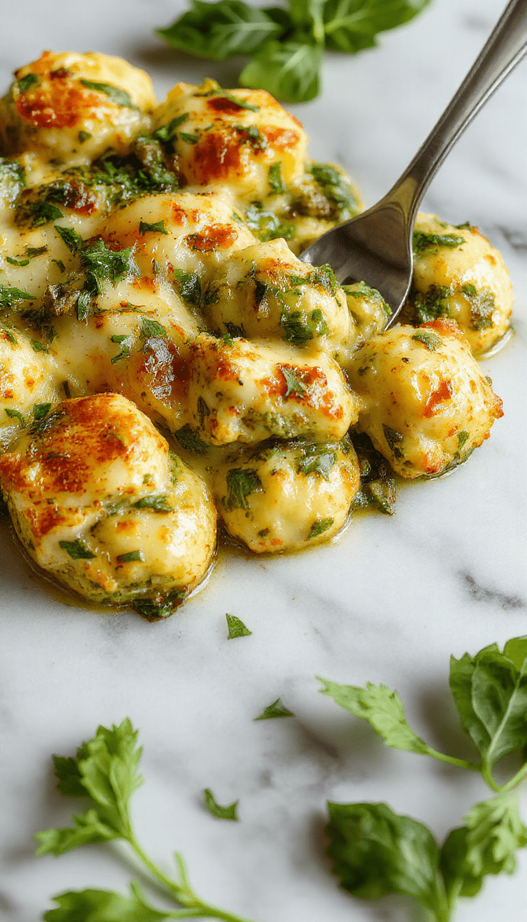 A vibrant dish featuring golden baked gnocchi topped with fresh green spinach, drizzled with creamy pesto sauce, garnished with basil leaves and grated cheese, beautifully plated on a white dish with a rustic wooden background.
