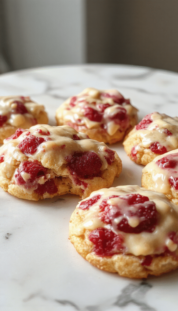 A close-up of buttery raspberry crumble cookies on a rustic white plate, garnished with fresh raspberries and powdered sugar, showcasing the golden-brown edges and vibrant red raspberry centers, styled on a wooden table with a soft-focus background.