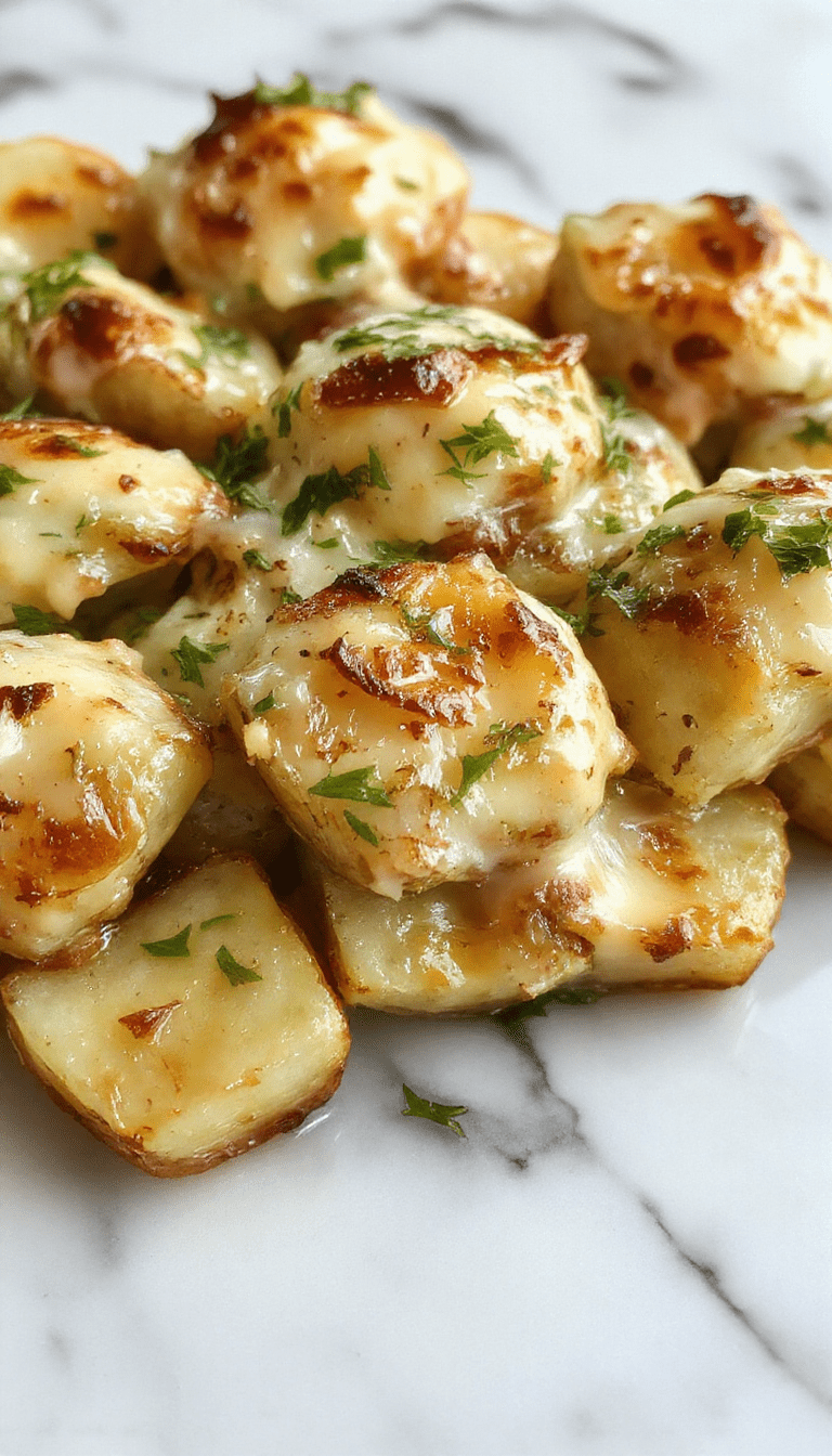 A close-up of a golden-brown potatoes au gratin dish topped with crispy garlic roasted potato slices, melted cheese, and fresh herbs on a rustic white plate, with a creamy, cheesy sauce visible.
