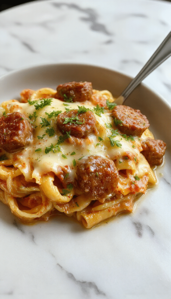 A vibrant plate of creamy sausage rigatoni featuring golden rigatoni pasta coated in a rich, creamy sauce with visible sausage slices, garnished with fresh herbs, served on a rustic white plate with a wooden background.