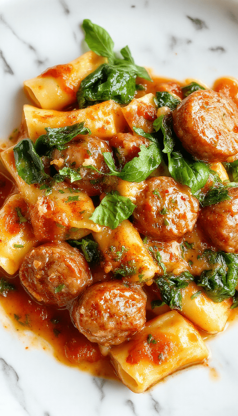 A vibrant plate of creamy sausage rigatoni garnished with fresh spinach, cherry tomatoes, and minced garlic nestled in a rich tomato cream sauce, served on a white plate with a sprinkle of herbs and a rustic wooden background